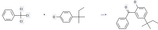 4-tert-Amylphenol can react with trichloromethyl-benzene to get [5-(1,1-dimethyl-propyl)-2-hydroxy-phenyl]-phenyl-methanone.
